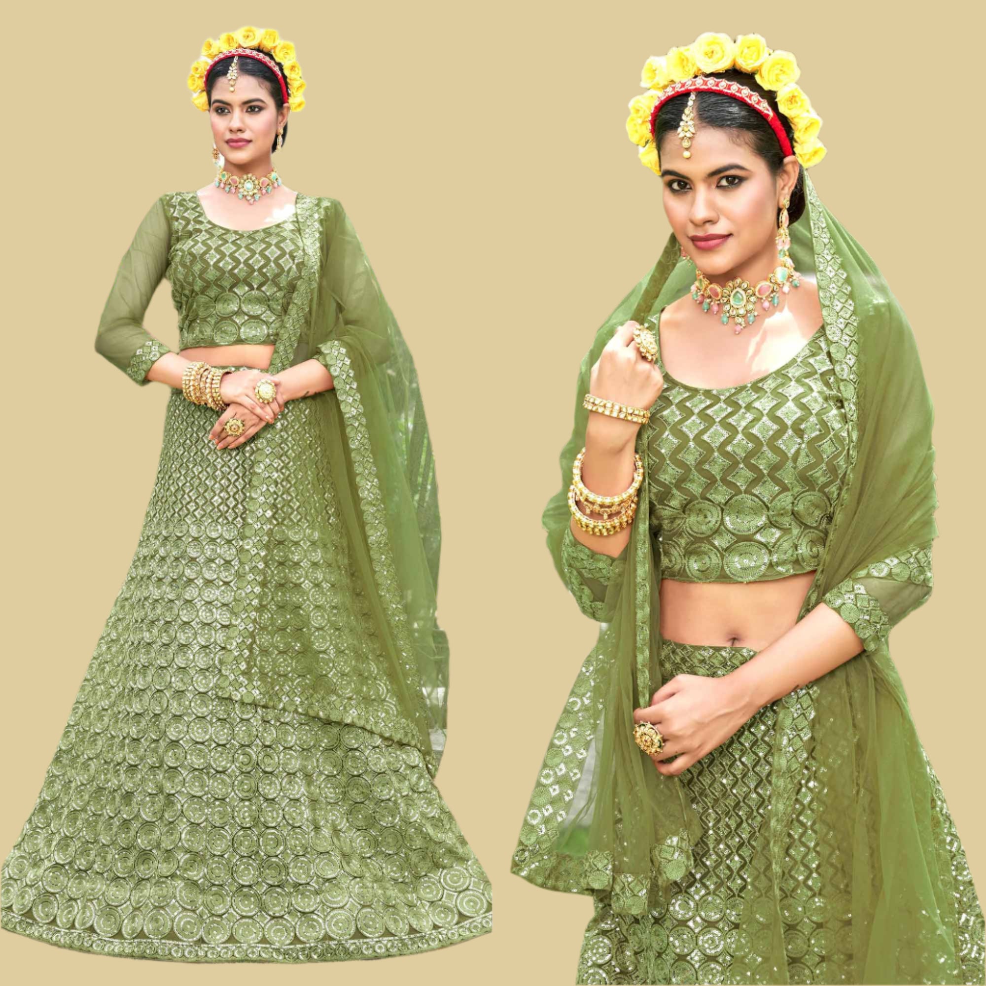 Green Sequins Embroidered Net Lehenga Choli