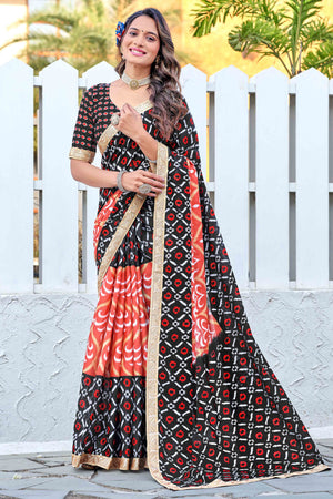 Black & Red Mulmul Cotton Saree with Ikkat Print and Embroidered Lace Border