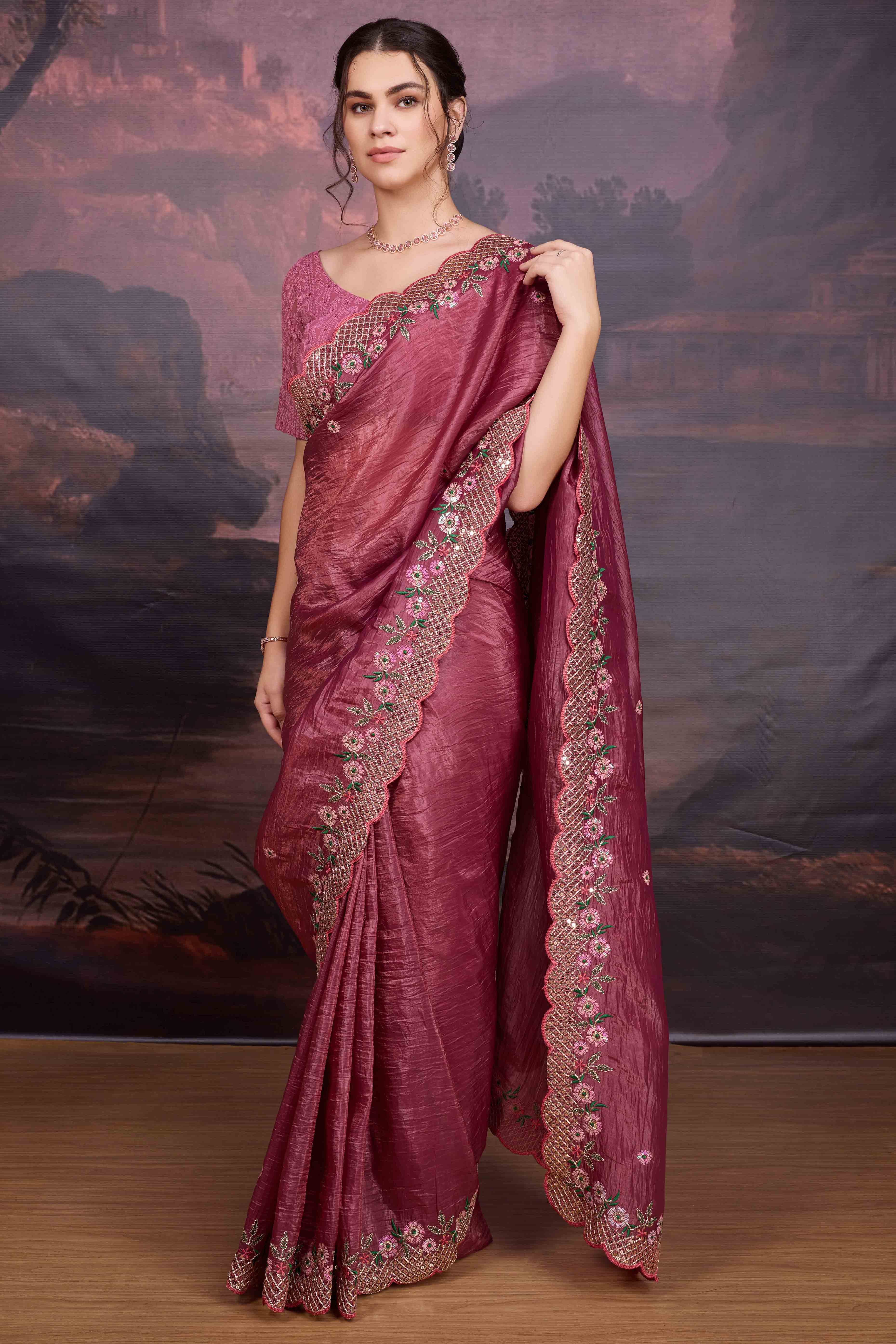 Mauve Floral Design Art Silk Saree with Glittering Sequins Embroidery