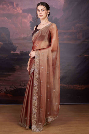 Elegant Rust Brown Organza Saree Embellished with Stone Embroidery