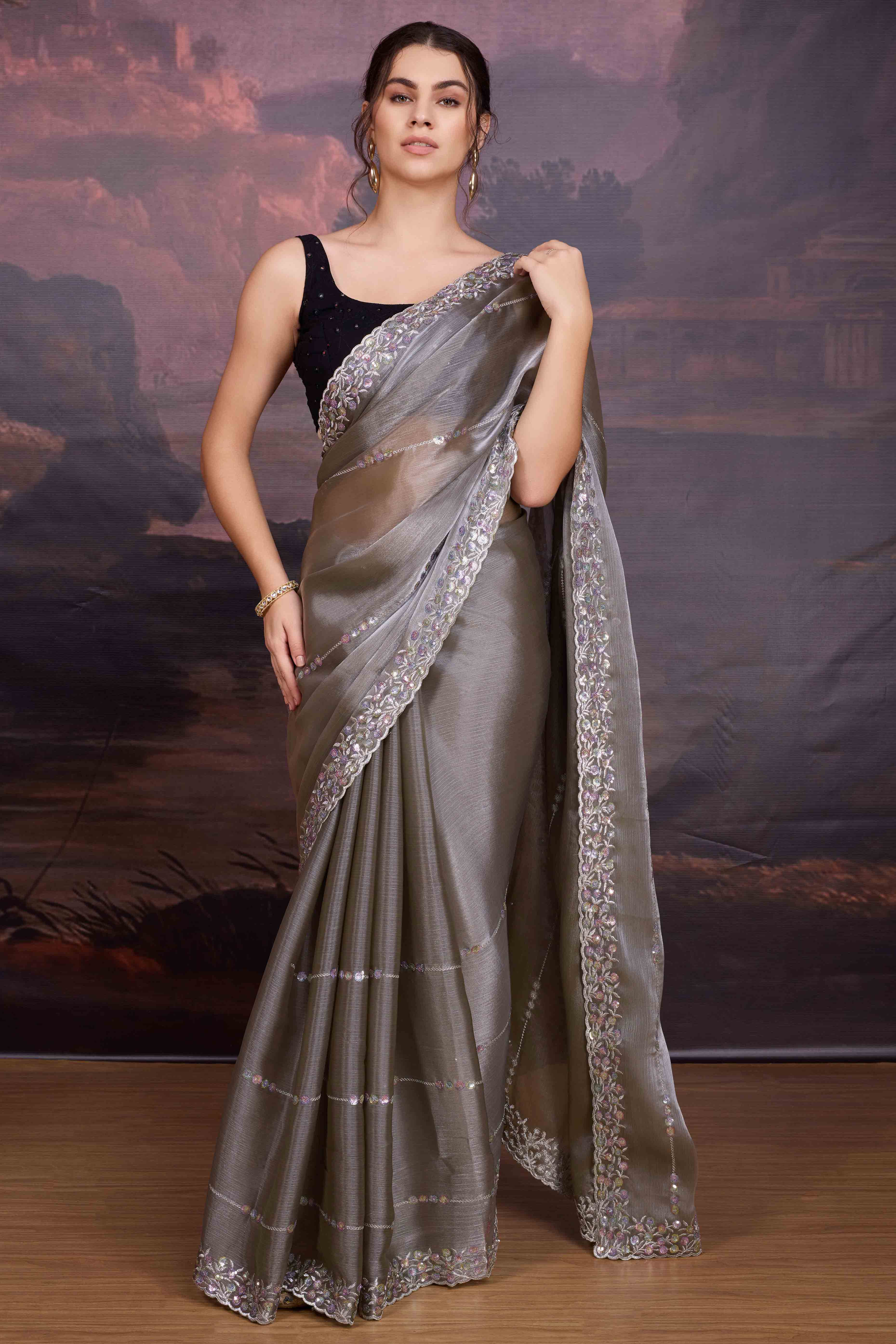 Grey Organza Saree Enhanced with Elegant Sequins Embellishments