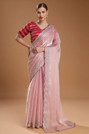 Light Peach Embroidered Saree in Organza with Sequins Accents
