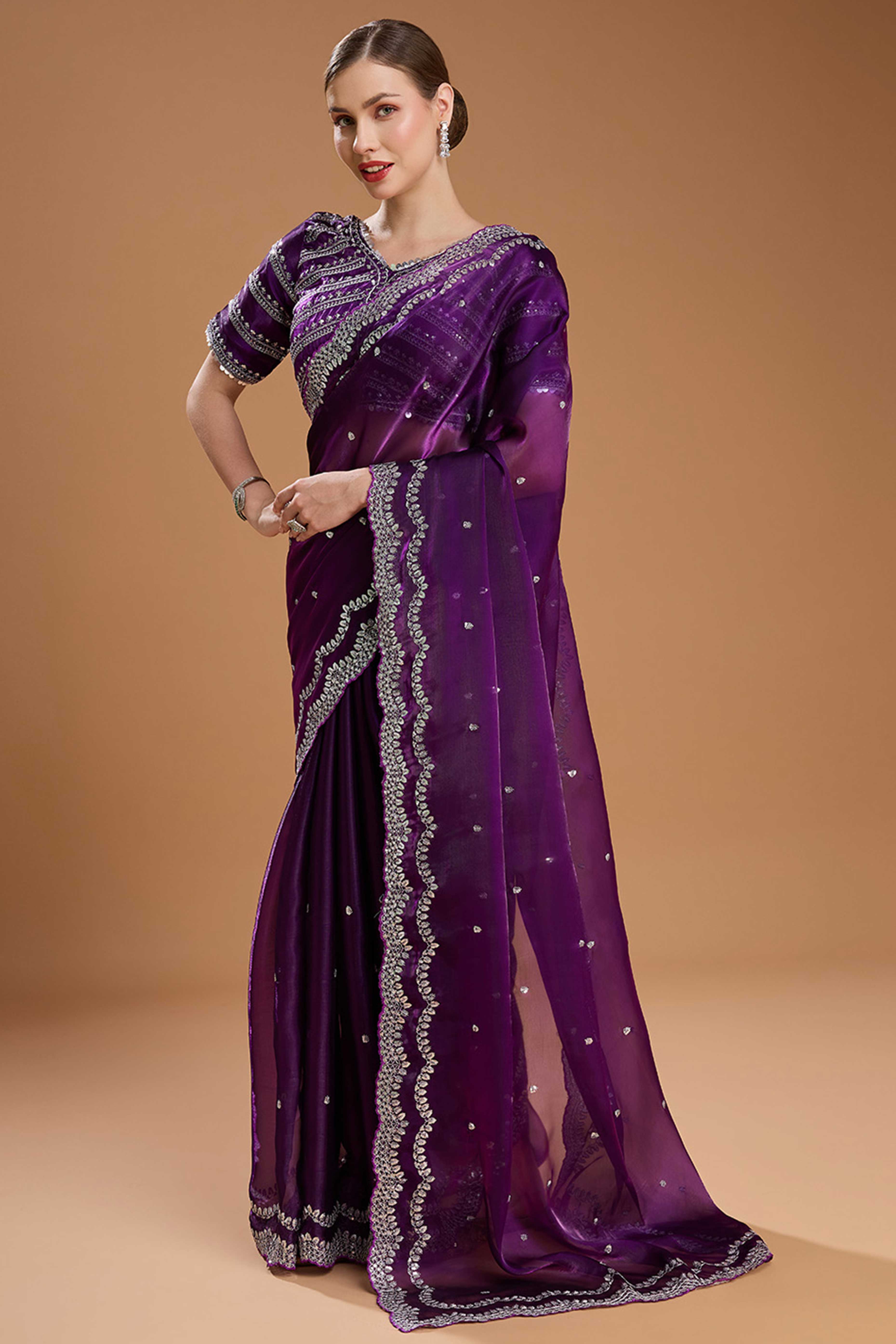 Dark Purple Embroidered Saree in Organza with Sequins Accents