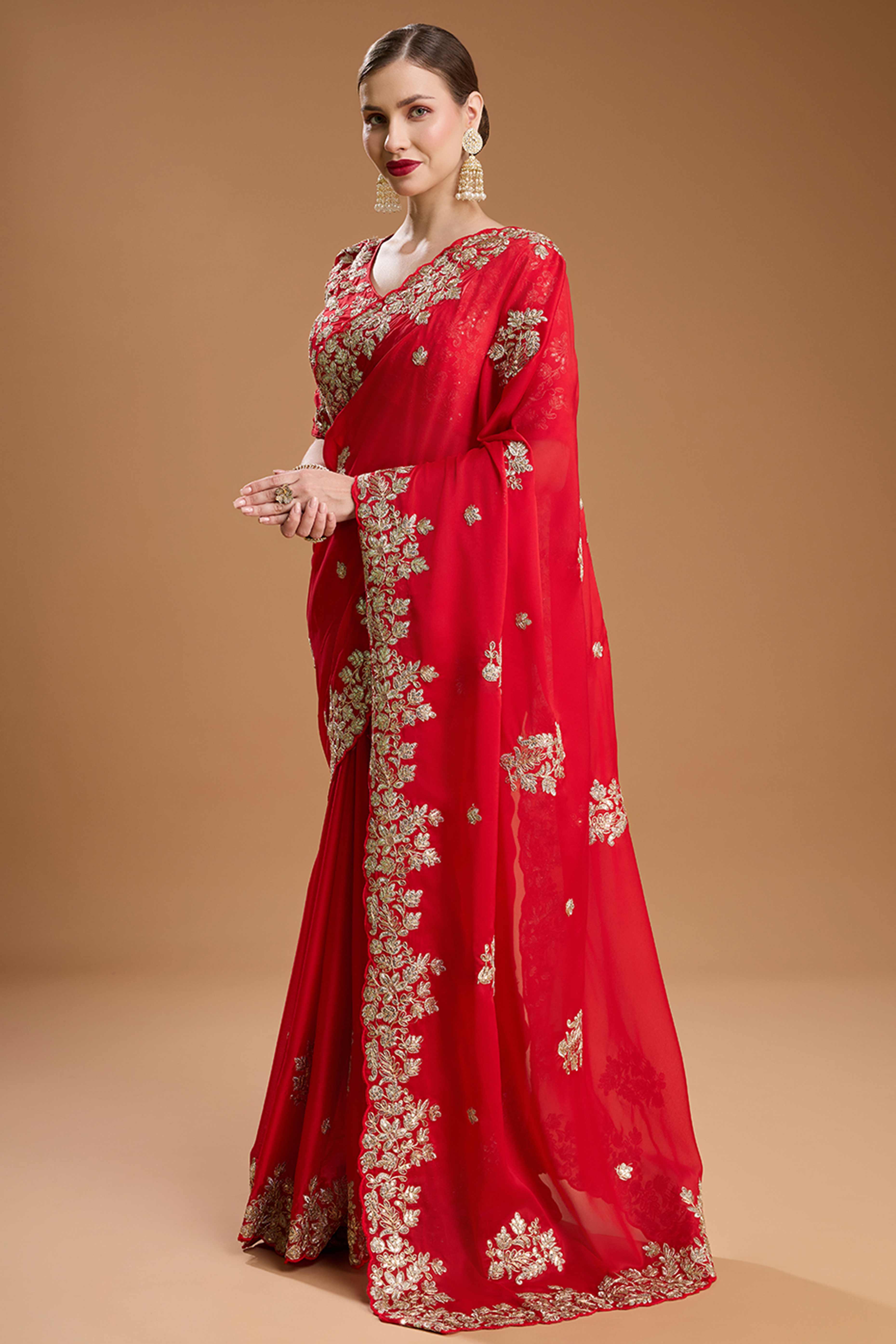 Red Organza Saree Enhanced with Elegant Sequins Embellishments