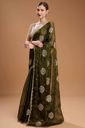 Mehandi Green Floral Design Organza Saree with Glittering Sequins Embroidery