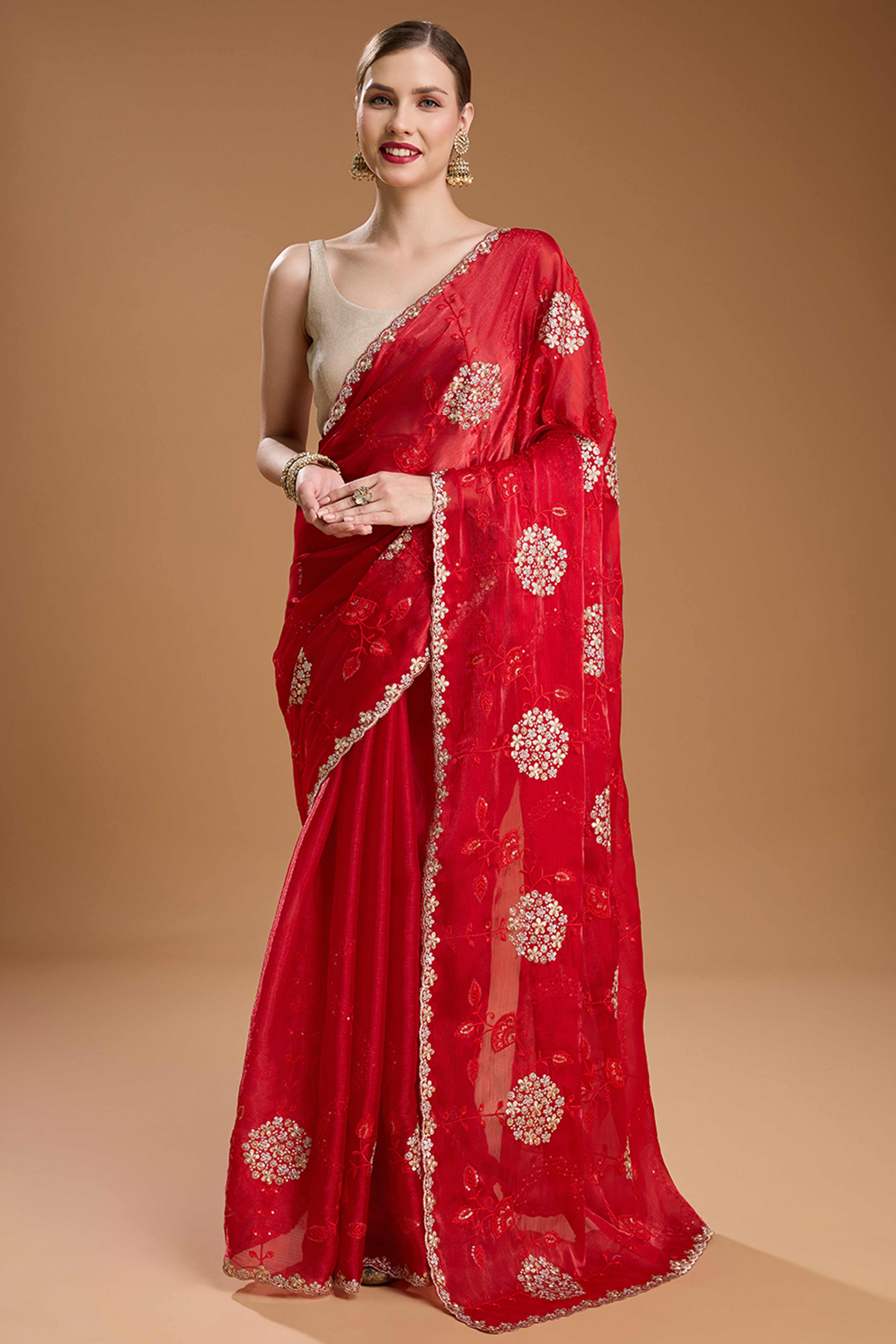 Red Floral Design Organza Saree with Glittering Sequins Embroidery