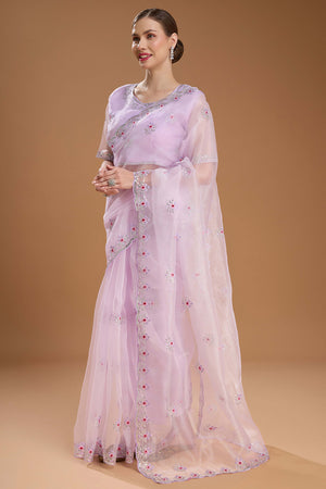 Light Lavender Net Saree Enhanced with Elegant Sequins Embellishments
