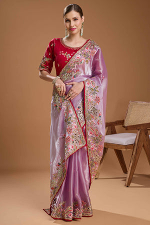 Light Purple Floral Design Organza Saree with Glittering Sequins Embroidery