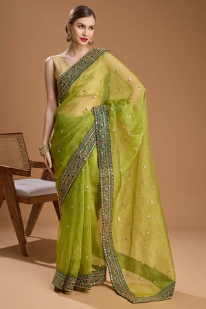 Green Organza Saree Enhanced with Elegant Sequins Embellishments