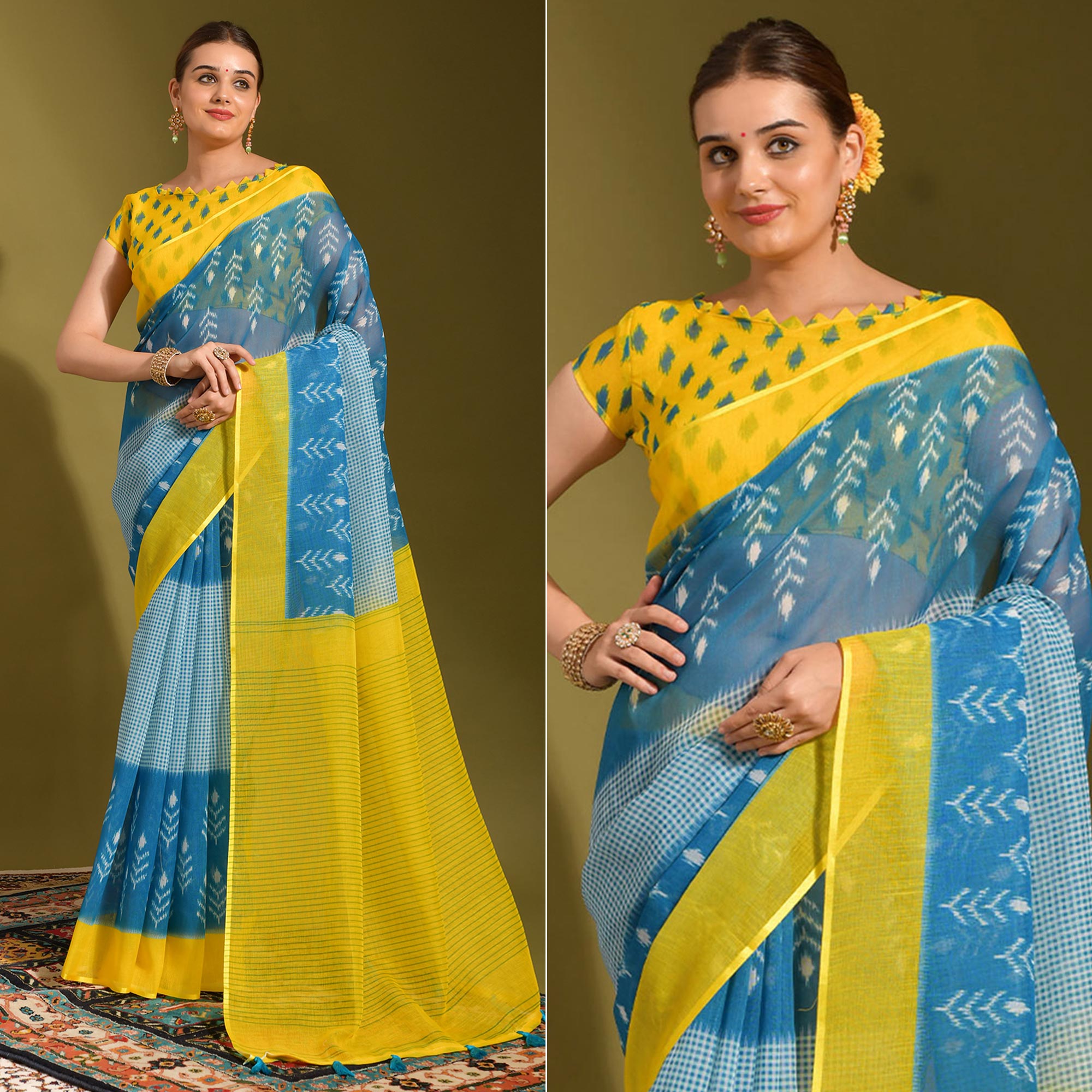 Blue & Yellow Digital Printed Linen Saree With Tassels
