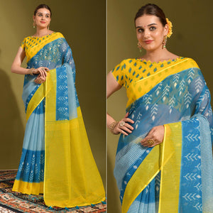 Blue & Yellow Digital Printed Linen Saree With Tassels