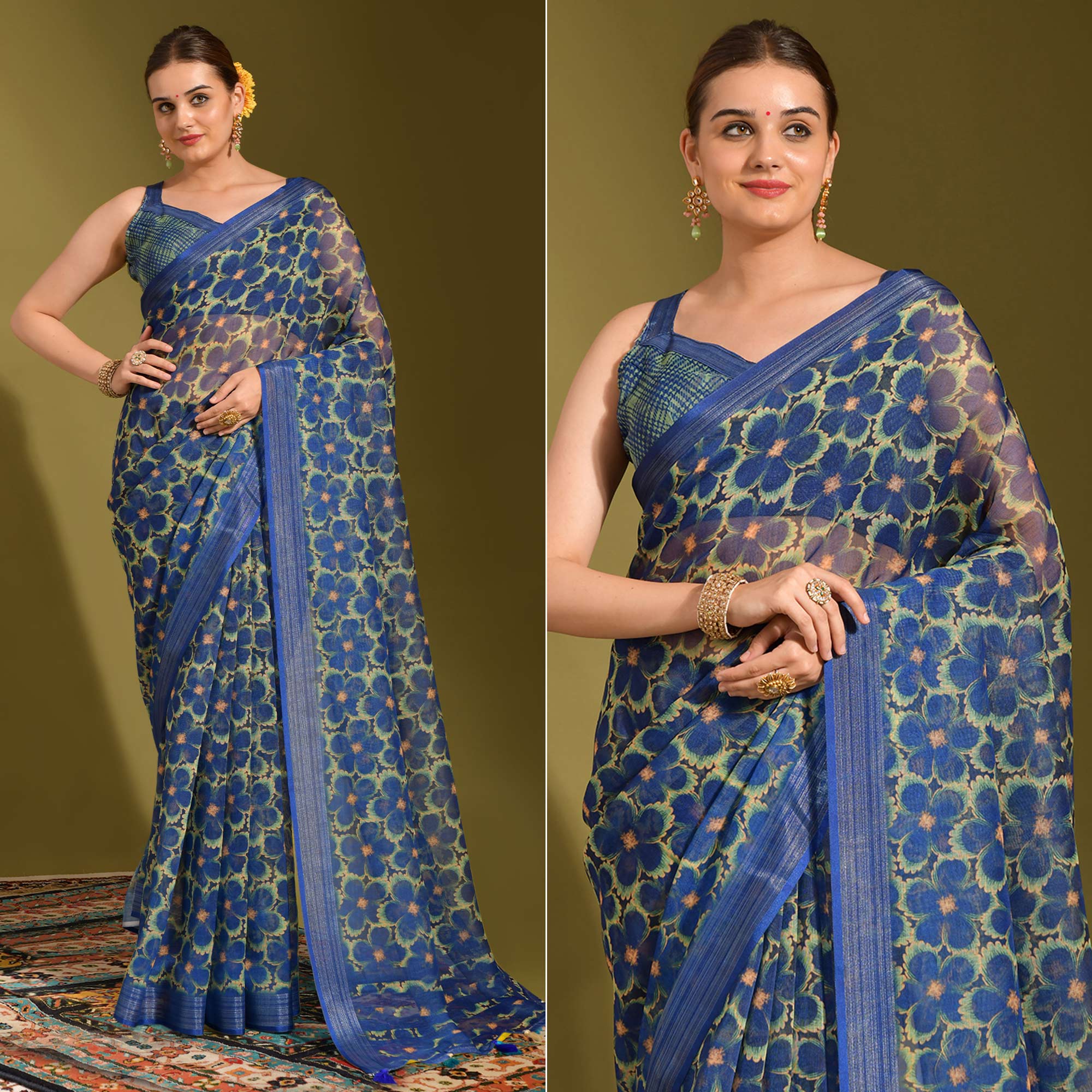 Blue Floral Digital Printed Linen Saree With Tassels