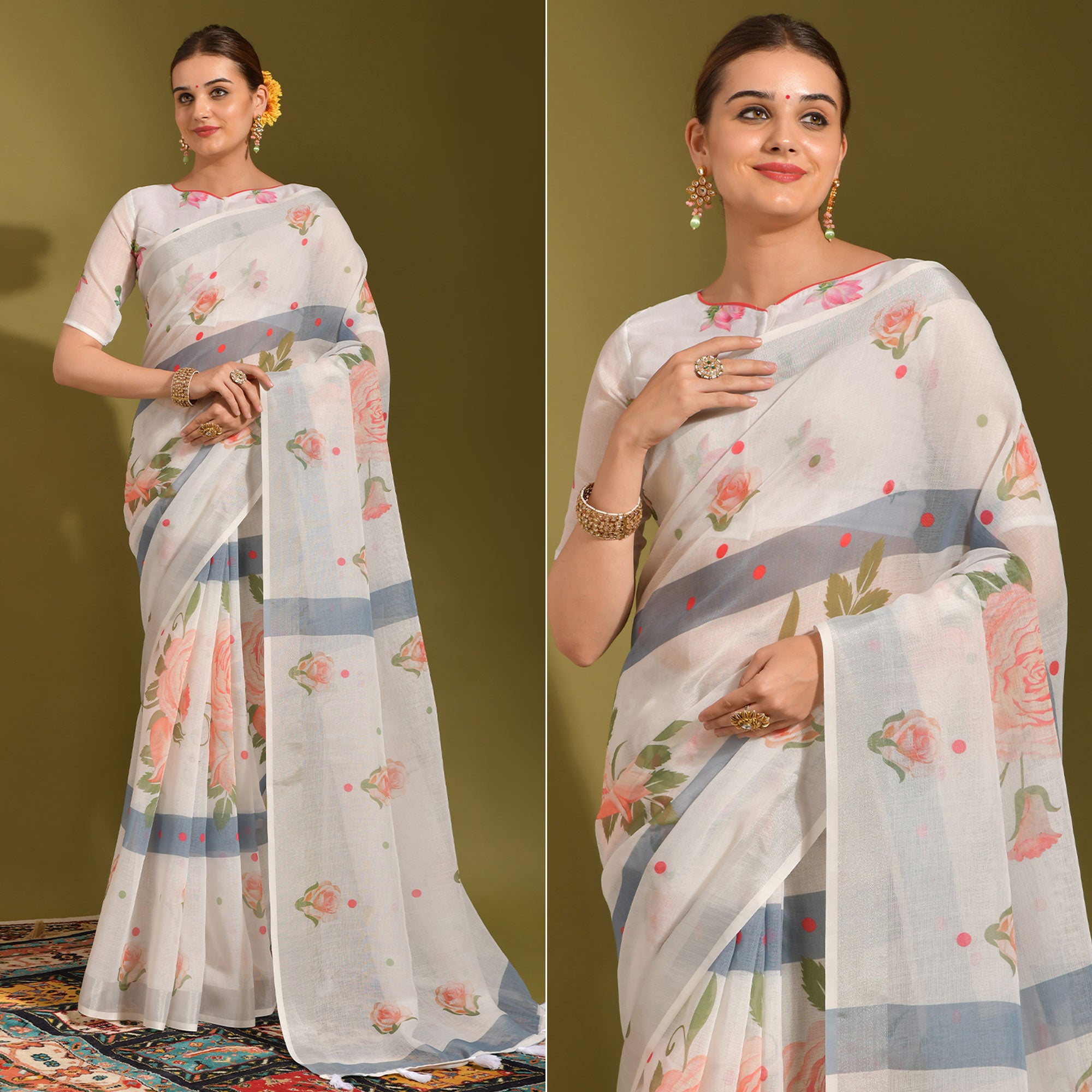 White Floral Digital Printed Linen Saree With Tassels
