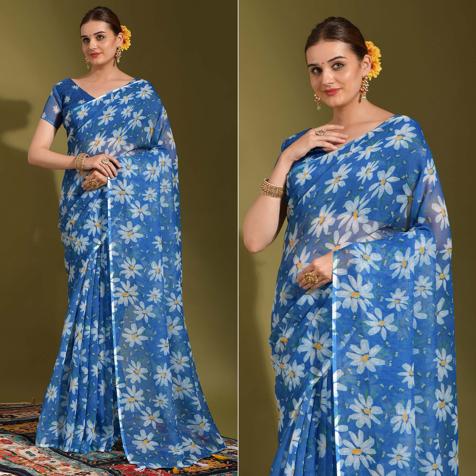 Blue Floral Digital Printed Linen Saree With Tassels