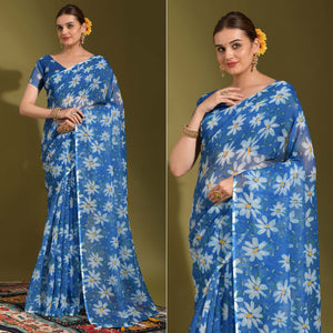 Blue Floral Digital Printed Linen Saree With Tassels