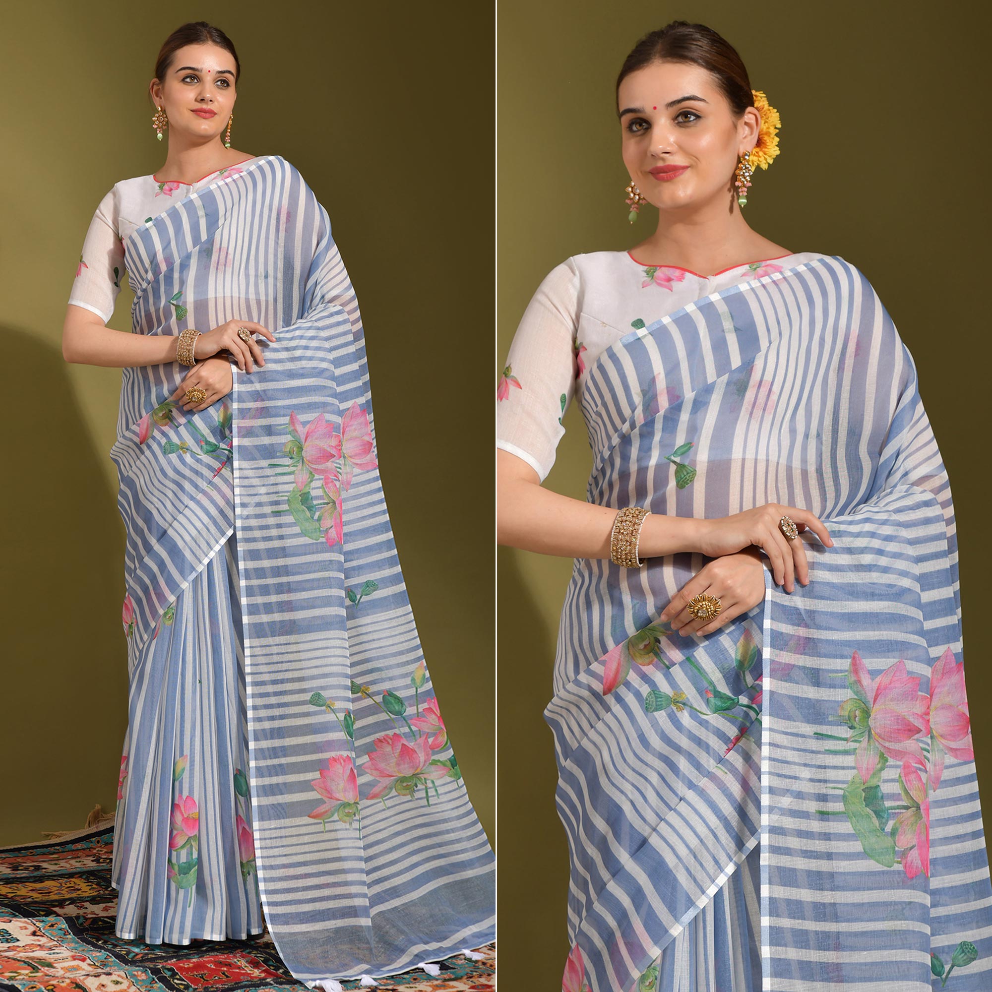 Sky Blue Floral Digital Printed Linen Saree With Tassels