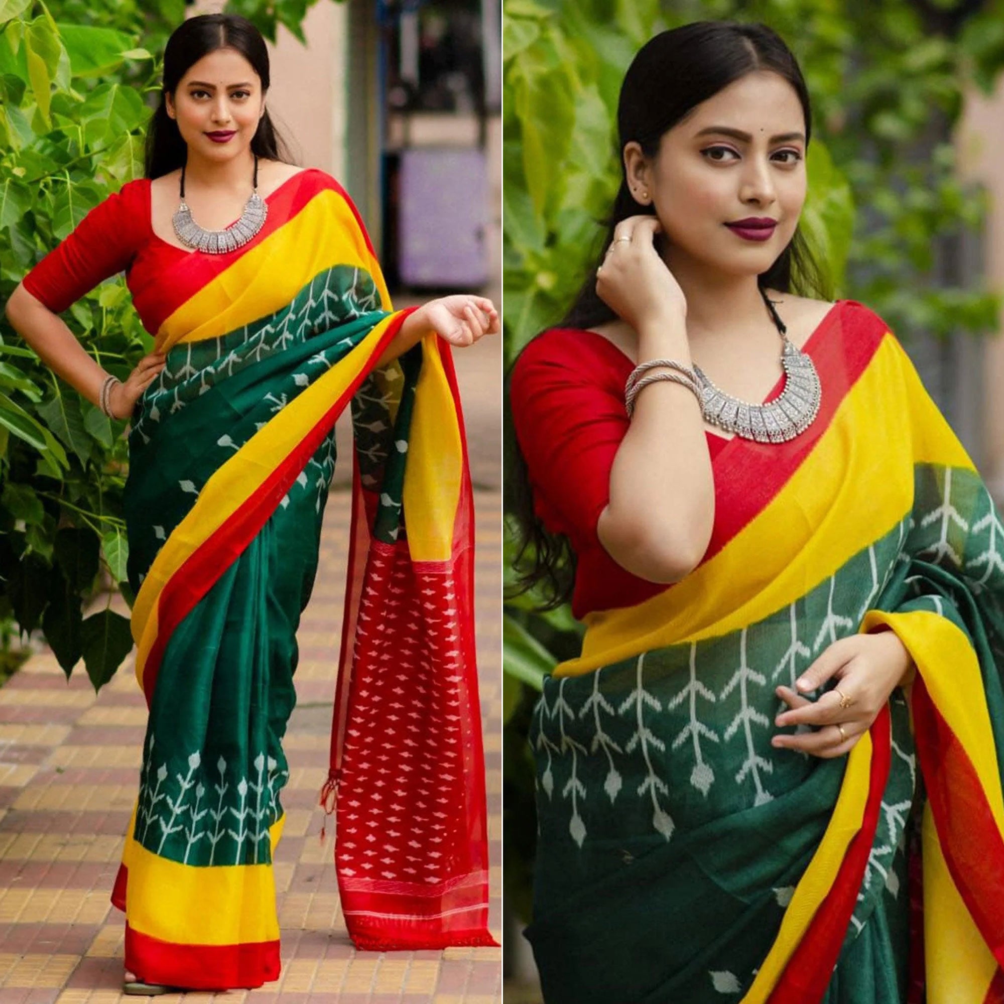 Green Digital Printed Linen Saree With Tassels