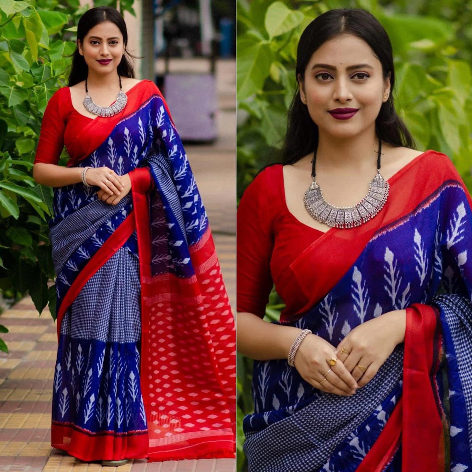 Blue Digital Printed Linen Saree With Tassels