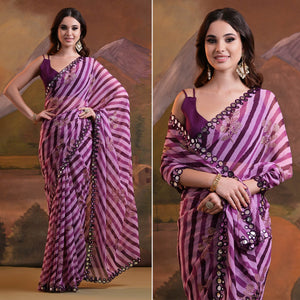 Purple Leheriya With Floral Foil Printed Georgette Saree