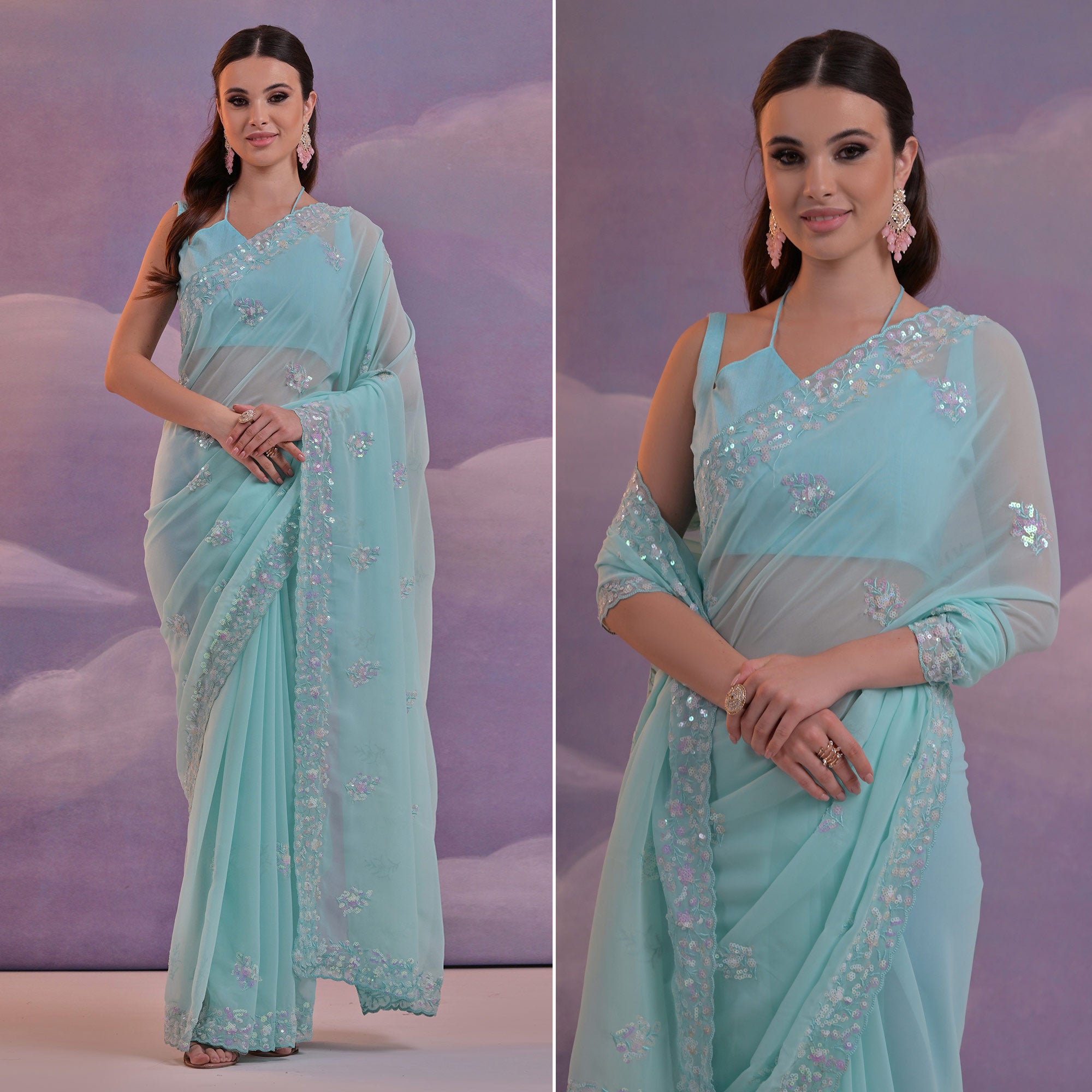 Blue Floral Sequins Embroidered Saree