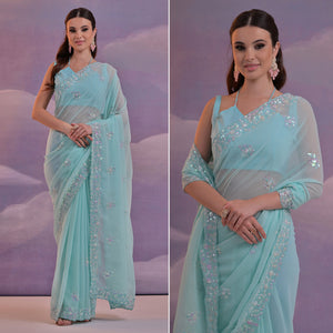 Blue Floral Sequins Embroidered Saree