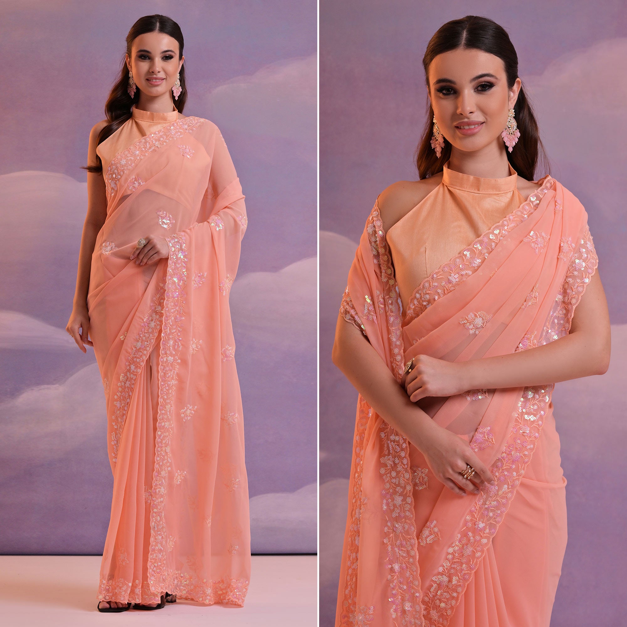 Peach Floral Sequins Embroidered Saree