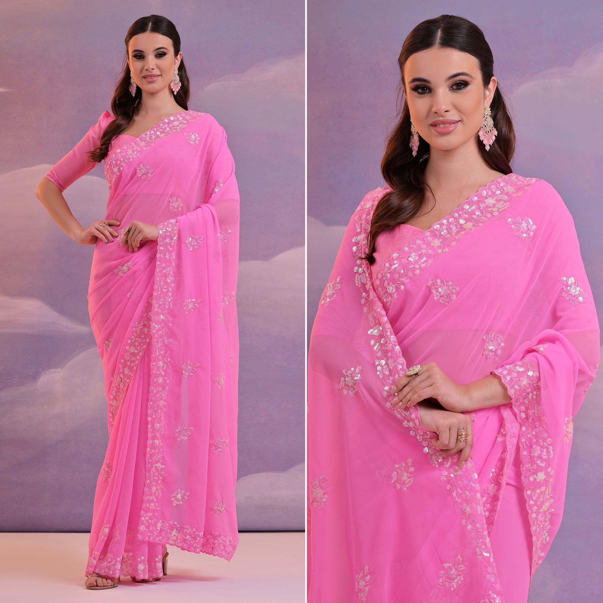 Pink Floral Sequins Embroidered Saree