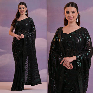 Black Sequins Embroidered Georgette Saree With Lace Border