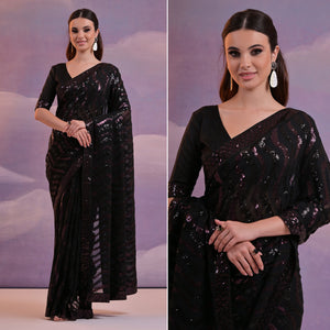 Black Sequins Embroidered Georgette Saree With Lace Border