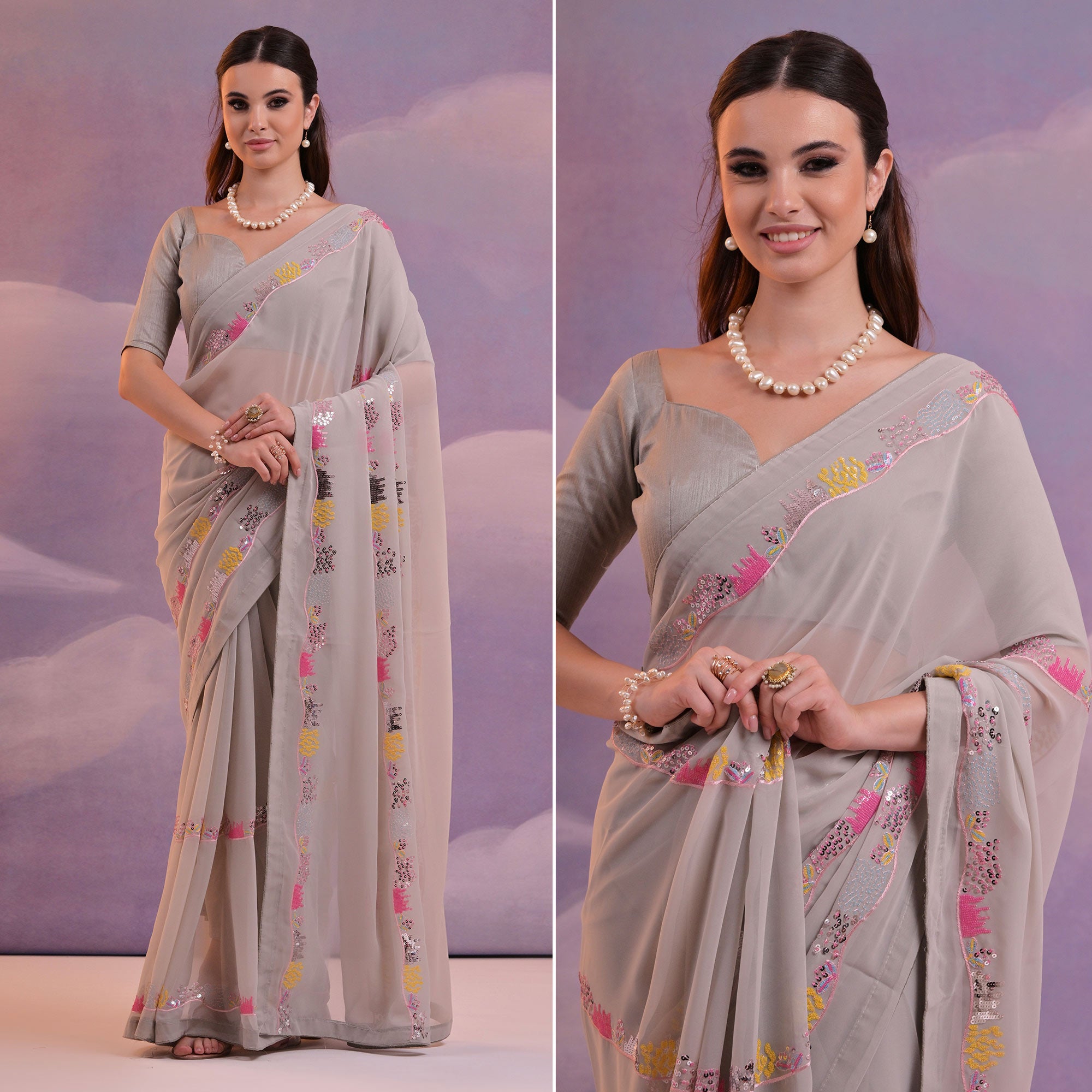Grey Sequins Embroidered Georgette Saree With Lace Border