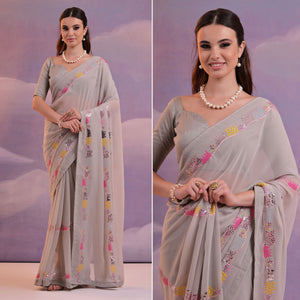 Grey Sequins Embroidered Georgette Saree With Lace Border