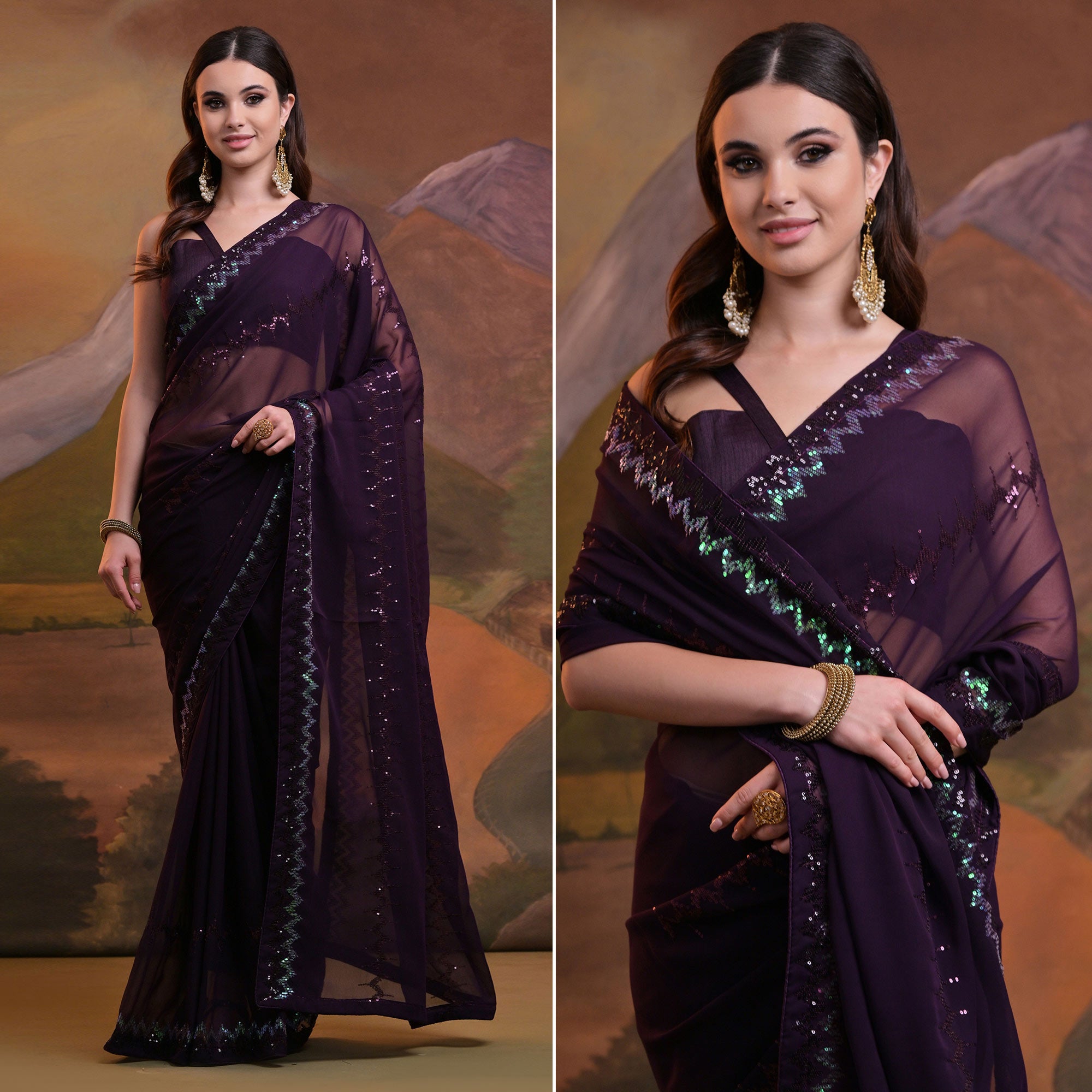 Purple Sequins Embroidered Georgette Saree