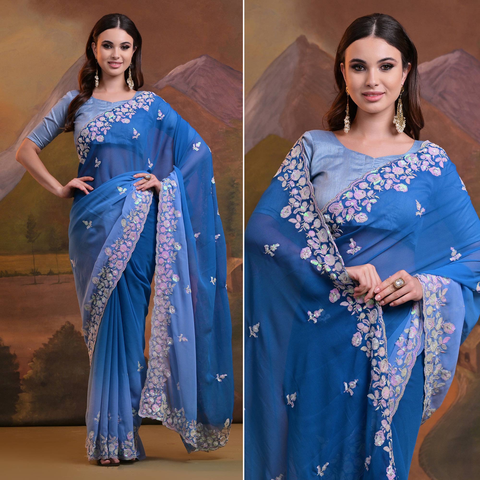 Blue Floral Sequins Embroidered Georgette Saree