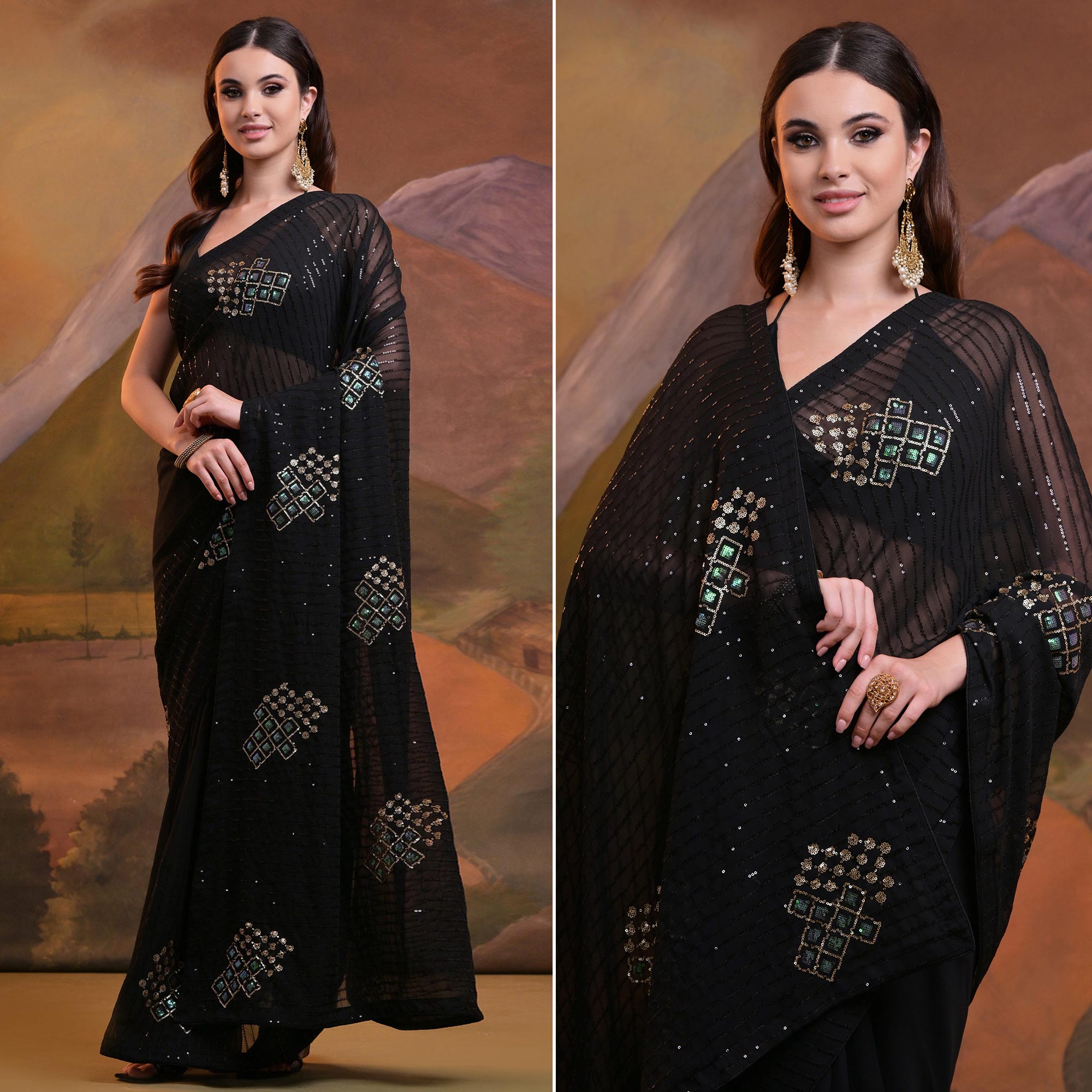 Black Sequins Embroidered Georgette Saree