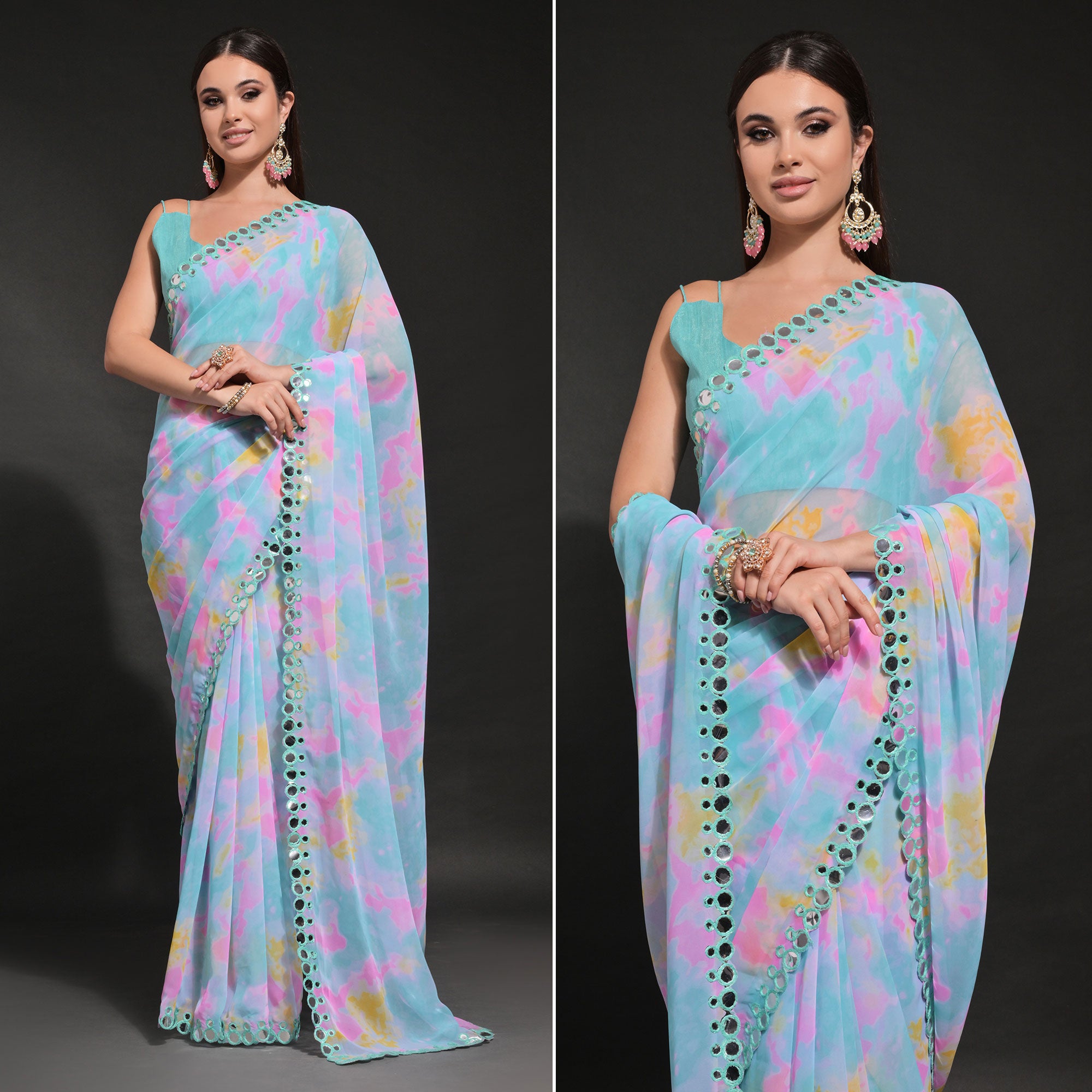 Blue Printed Georgette Saree With Embroidered Lace