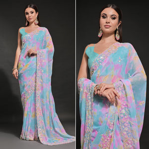 Blue Sequins Embroidered With Printed Georgette Saree