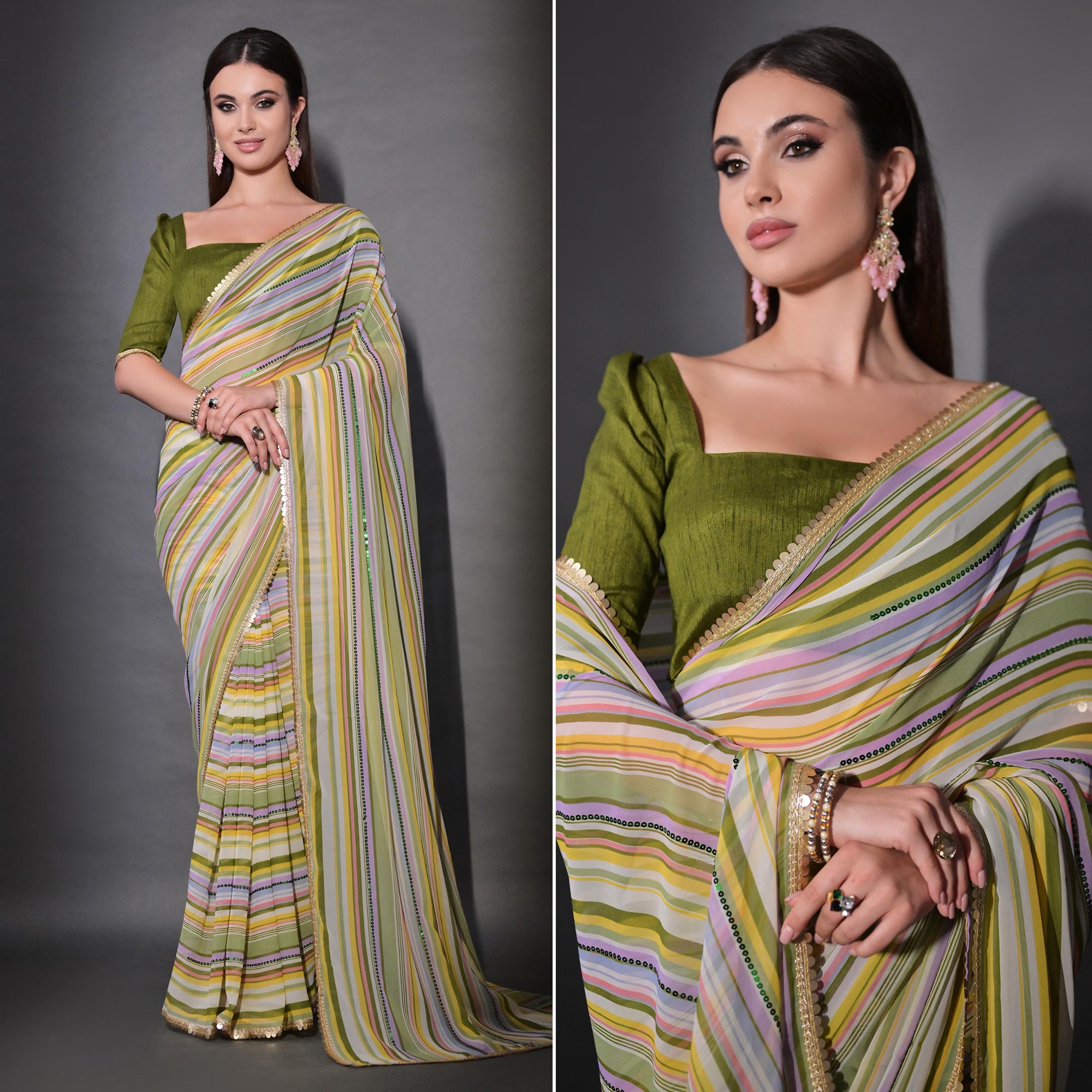 Green Striped Printed With Sequins Embroidered Georgette Saree