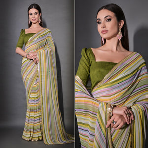 Green Striped Printed With Sequins Embroidered Georgette Saree