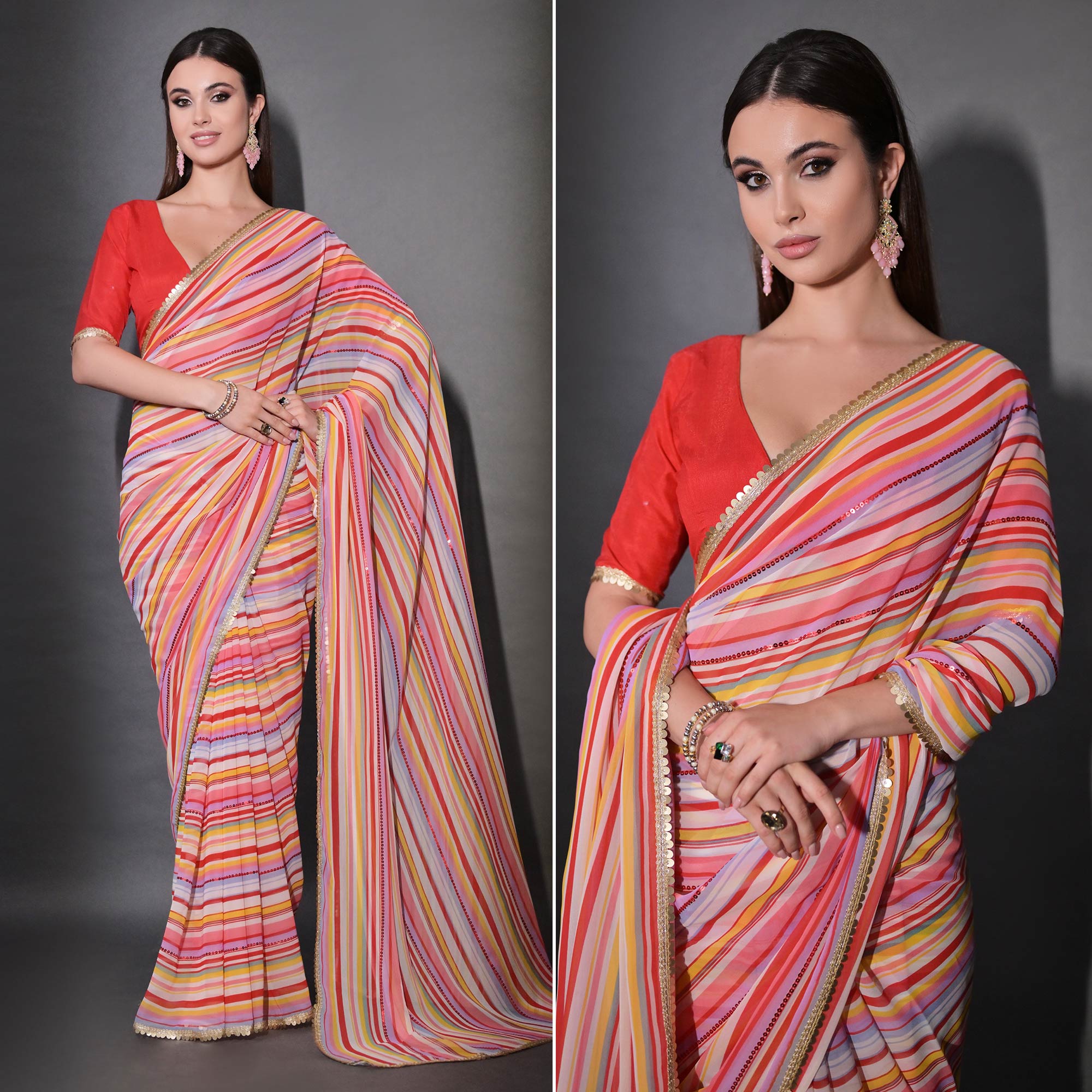 Red Striped Printed With Sequins Embroidered Georgette Saree