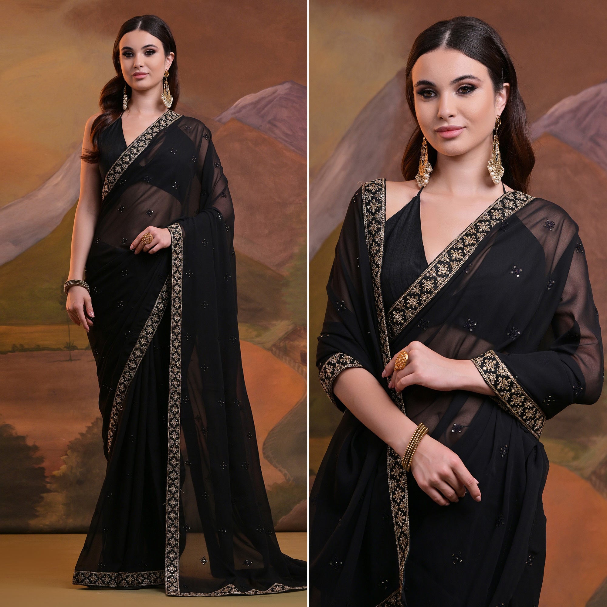 Black Butti Sequins Embroidered Georgette Saree