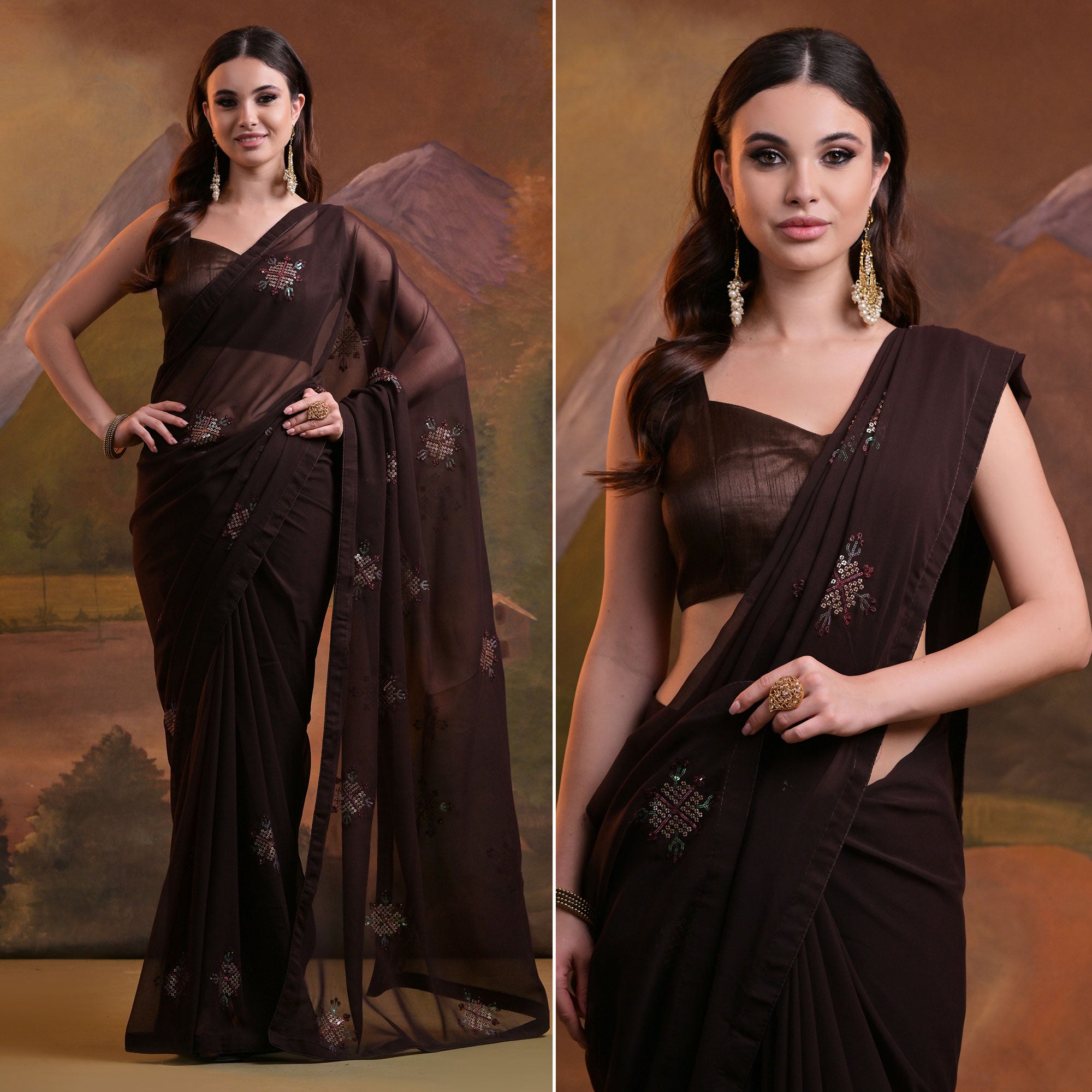 Brown Sequins Embroidered Georgette Saree