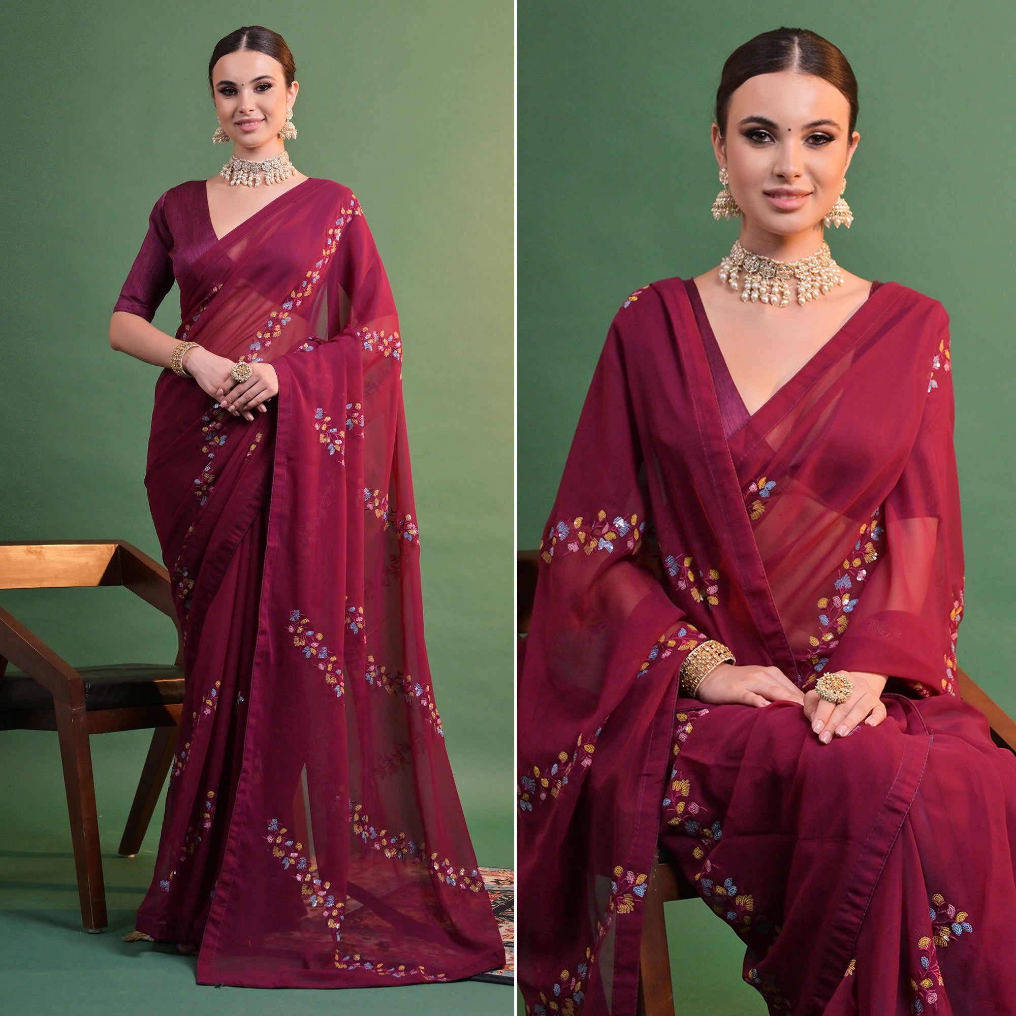Maroon Floral Sequins Embroidered Georgette Saree