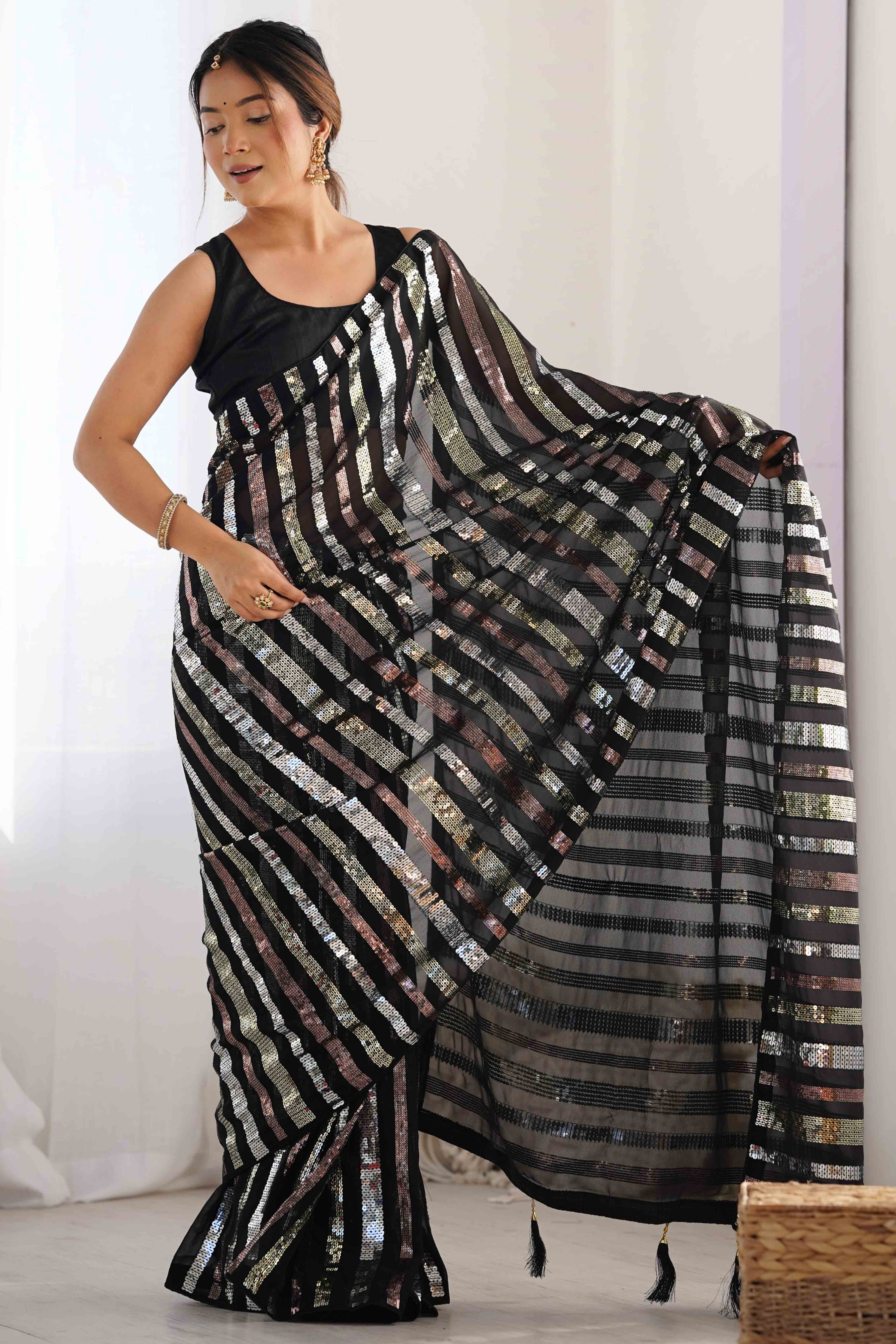 Black Sequins Embroidered Georgette Saree