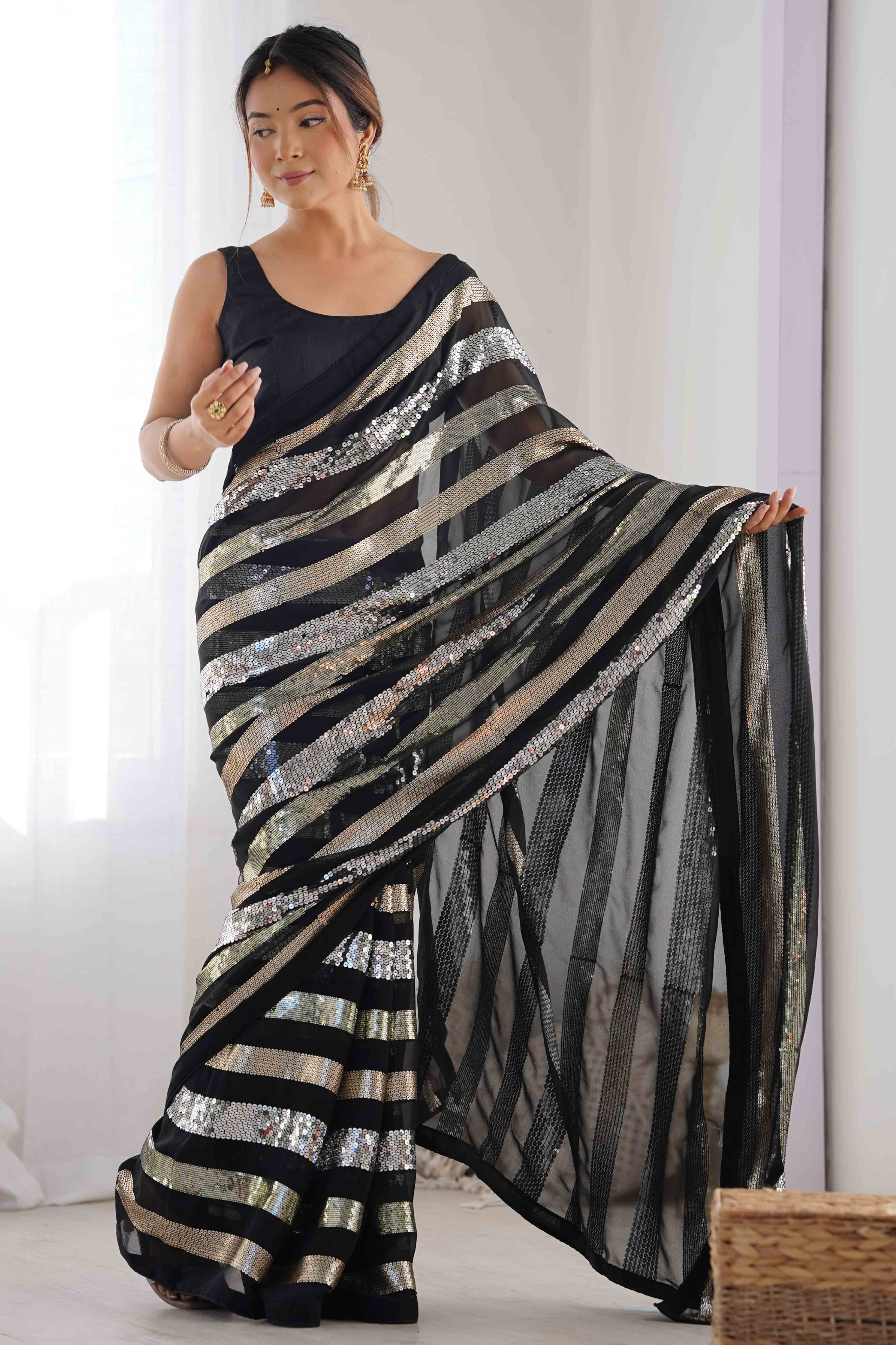 Black Sequins Embroidered Georgette Saree