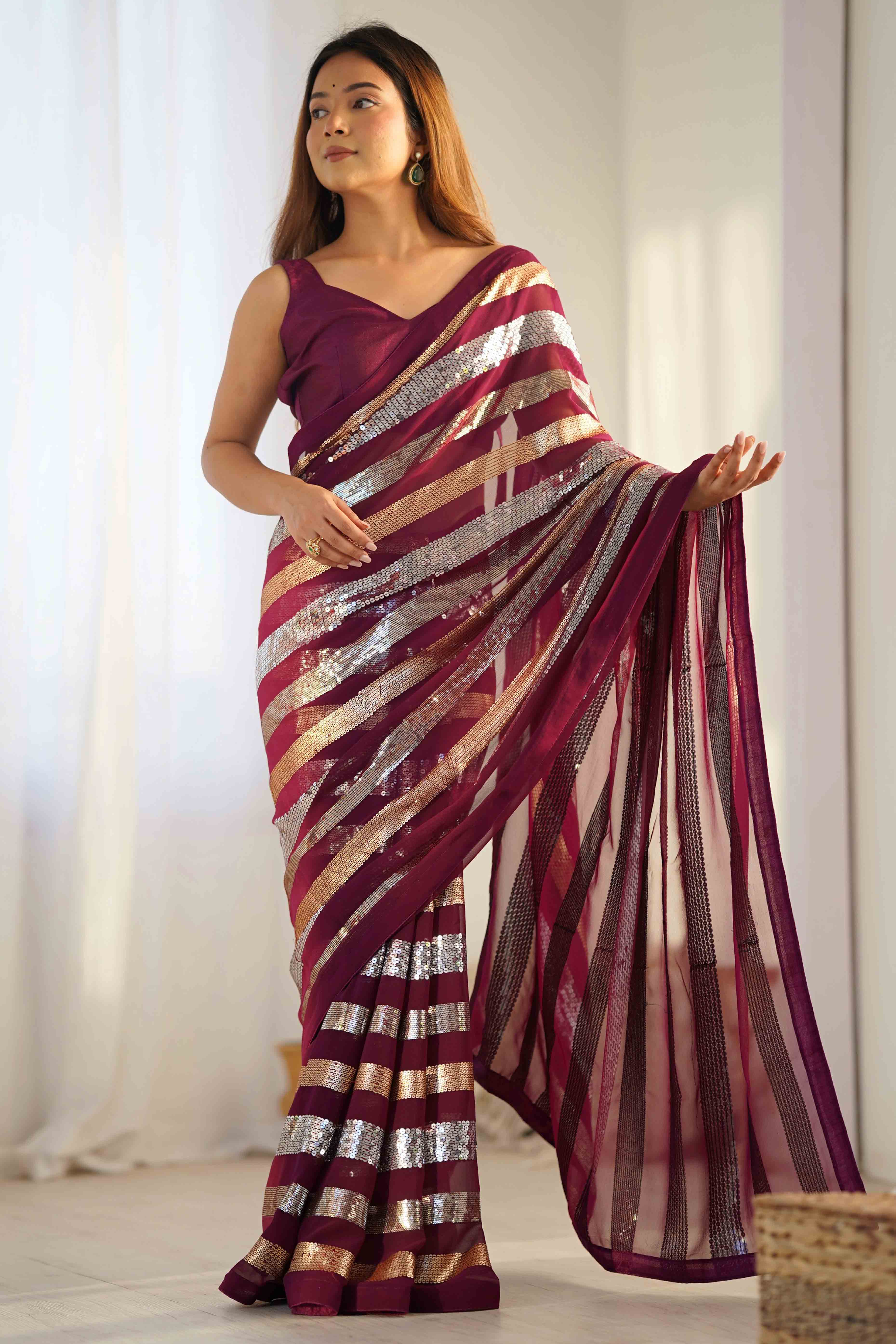 Wine Sequins Embrodered Georgette Saree