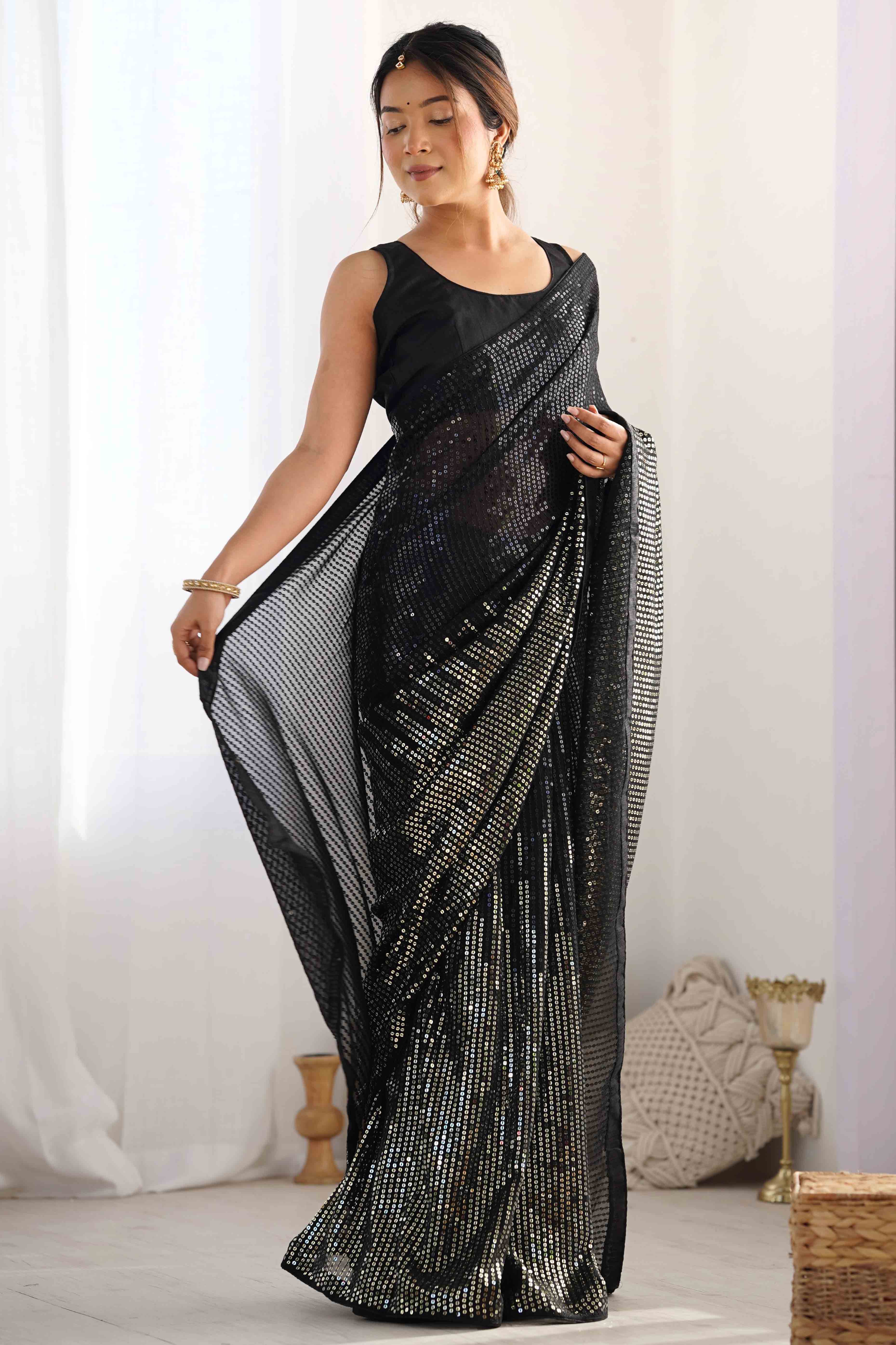 Black Sequins Embroidered Georgette Saree