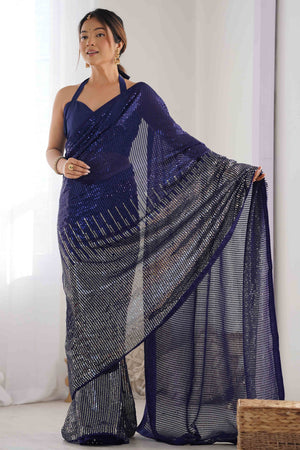 Blue Sequins Embrodered Georgette Saree