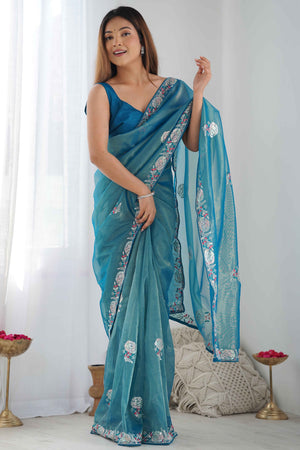 Dusty Teal Floral Embroidered Net Saree