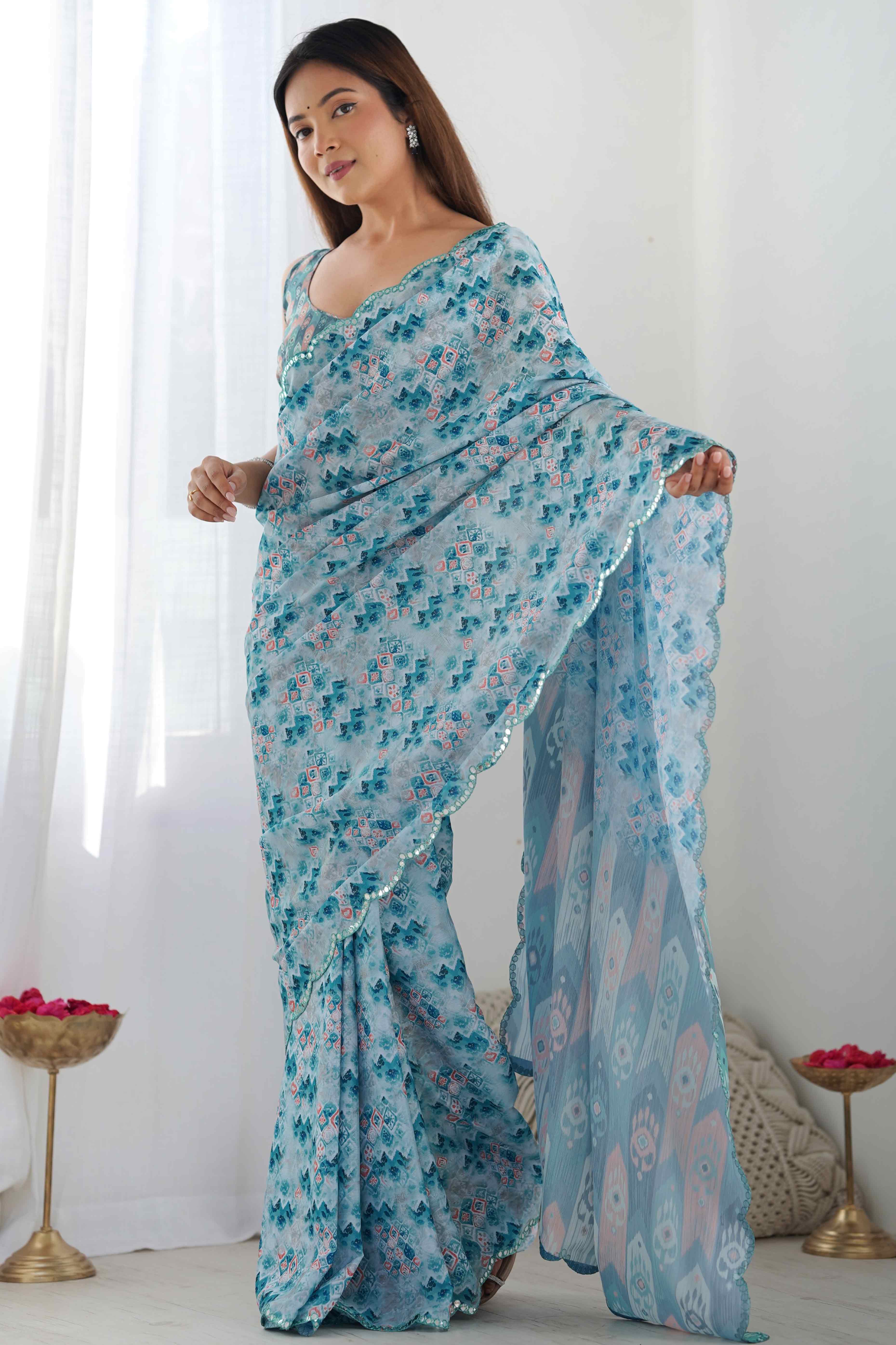 Sky Blue Geometric Printed Chinon Saree