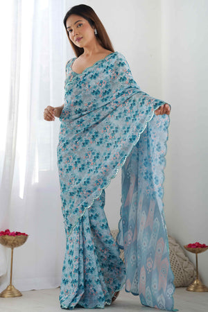 Sky Blue Geometric Printed Chinon Saree